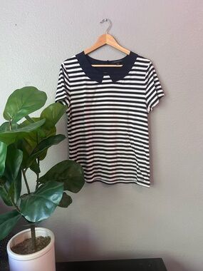 Tommy Hilfiger Navy and White Striped Short Sleeve Top with Peter Pan Collar
